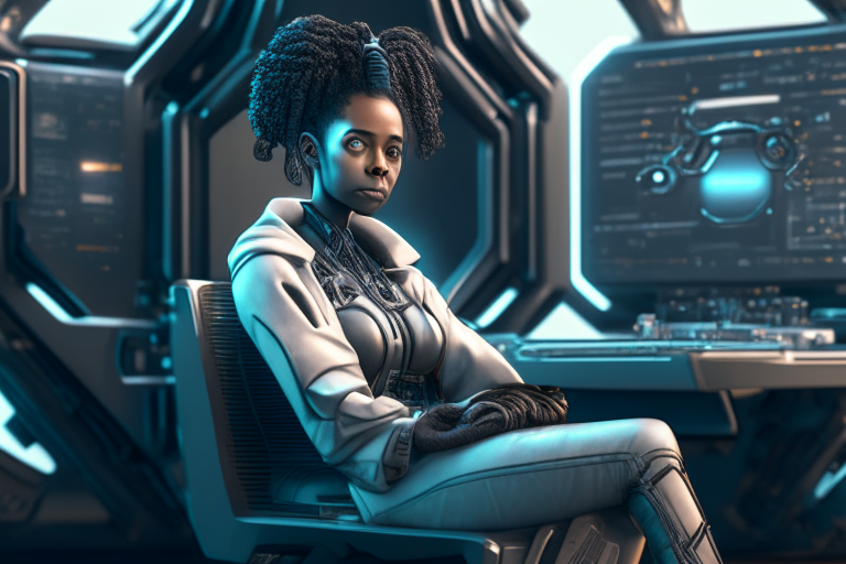 a hyper-realistic sci-fi artwork of a female computer scientist sitting on a machine. The artwork has serene faces, a soft-focus technique, and afrofuturistic elements. The artwork is rendered in Unreal Engine 5 and has a chiaroscuro portrait style with puzzle-like elements. The aspect ratio is 3:2.