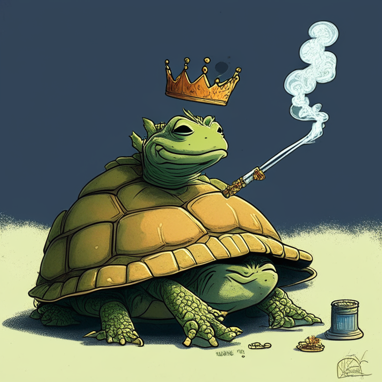 a cartoon turtle smoking a cigarette with a crown, in the style of Gene Luen Yang, dreamlike symbolism, Mike Ploog, 2D, Kitty Lange Kielland, sharp/prickly, and petcore.