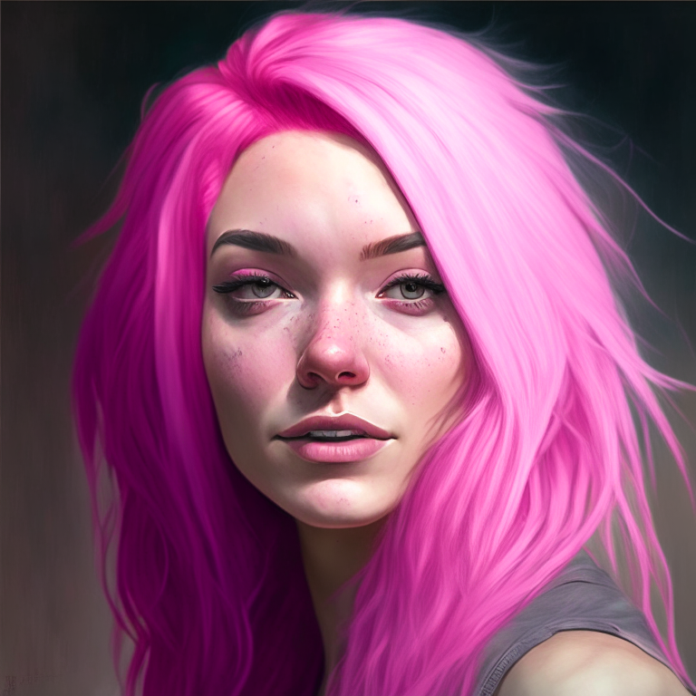 a hyperrealistic illustration of a pink-haired woman posing for images. The artwork has free brushwork, a shiny/glossy style, a limited color range, tachisme, realistic details, and is multilayered.