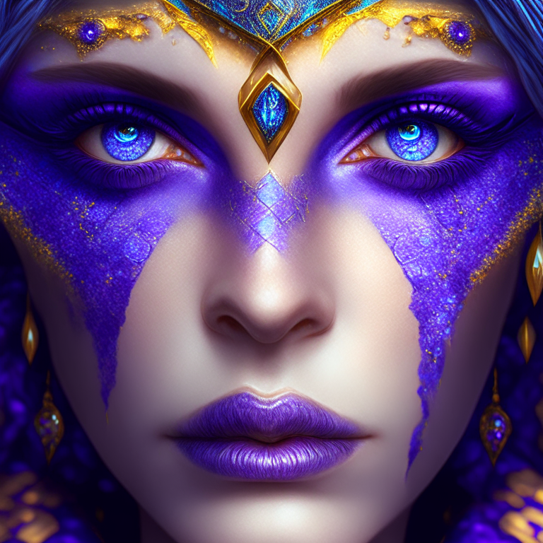 a woman with blue eyes on her face, in the style of realism with fantasy elements, UHD image, purple and gold, seapunk, carnivalcore, layered textures, shapes, gemstone