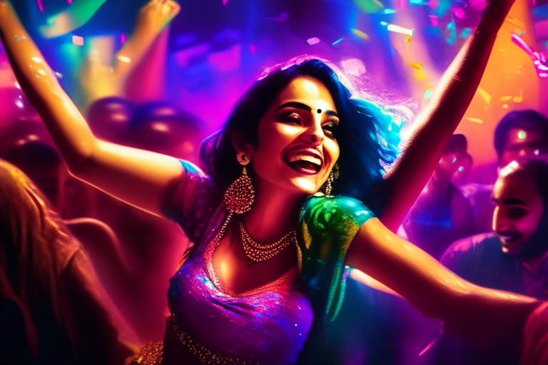 a Bollywood actress dancing in a club, surrounded by colorful lights and a lively crowd