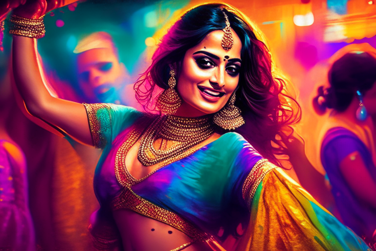 a Bollywood actress in a traditional Indian dress dancing in a club with a colorful and vibrant atmosphere