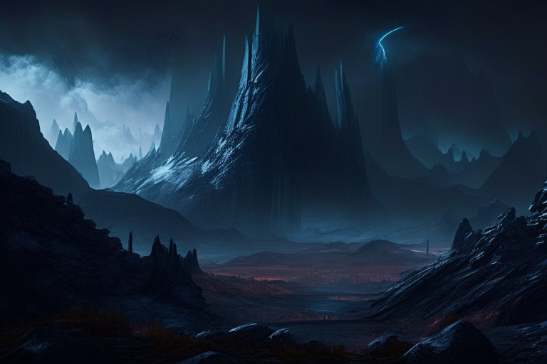 a dark sci-fi fantasy landscape of Elohiym lands, with towering mountains and a dark sky