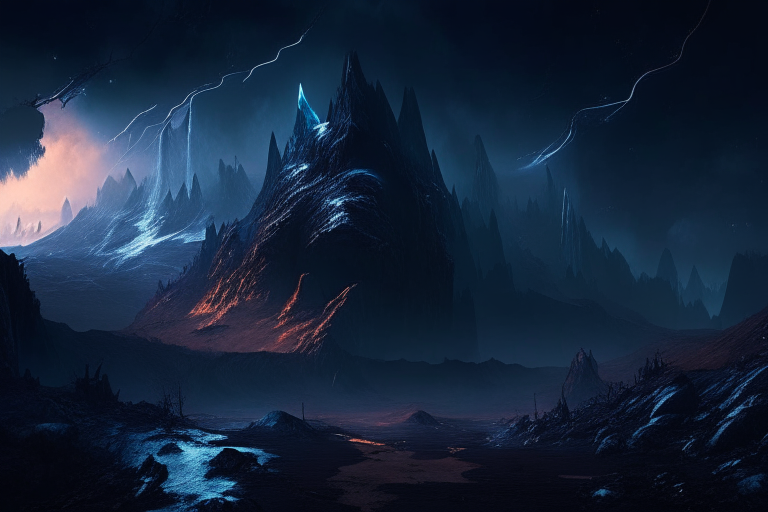 a dark sci-fi fantasy landscape of Elohiym lands, with towering mountains and a dark sky