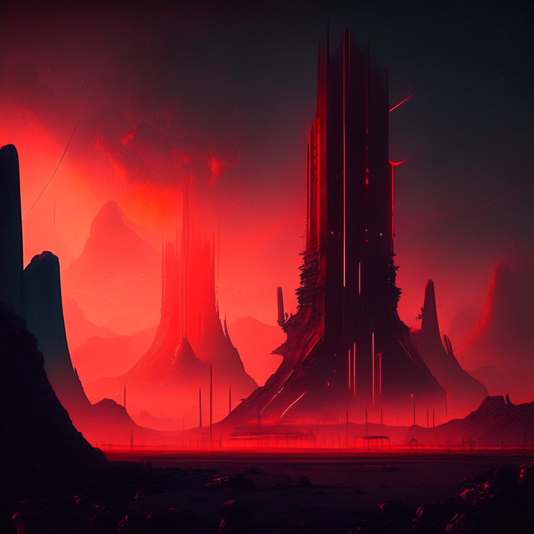 Elohiym lands in a dark sci-fi style, with towering metallic structures and a glowing red sky