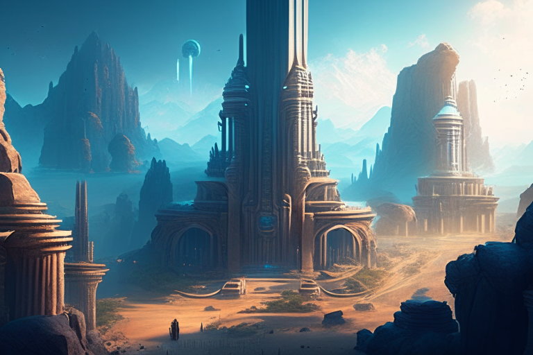 A panoramic view of the ancient yet futuristic Elohiym lands, with towering temples and statues of the Elohiym God's and Goddesses