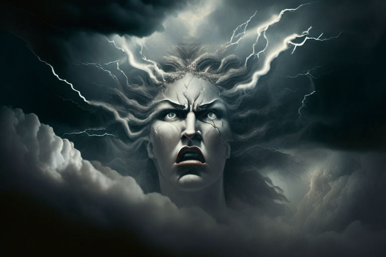 stormy sky with lightning growing more intense as the storm rages, keeping the Goddess face uncovered by the clouds