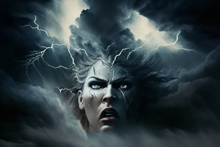 stormy sky with lightning growing more intense as the storm rages, keeping the Goddess face uncovered by the clouds