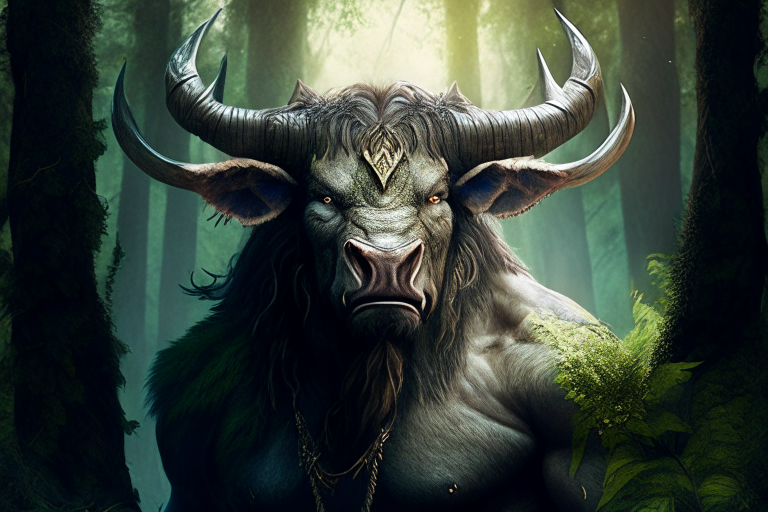 Realistic portrait of a mighty minotaur with intricate horn and fur details and natural textures in a composition that celebrates the beauty of fantasy. The minotaur stands in a lush forest clearing, surrounded by towering trees that filter the sunlight to create a dappled pattern on the ground. The creature's powerful muscles ripple under its thick fur, and its eyes glint with a fierce intelligence. The intricate patterns on its horns are mesmerizing, drawing the viewer's gaze. The air is filled with the scent of earth and moss, and the sound of a nearby brook.