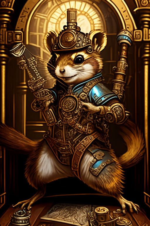 an anthropomorphic chipmunk dressed in steampunk gear and holding an ornate sword, standing in the center of a room filled with the sounds of hissing steam and whirring gears. The walls are lined with vintage posters, intricate clockwork machines, and antique scientific equipment. The chipmunk adventurer's metallic armor shimmers in the light, and their fur is a mix of rustic browns and grays. The sense of adventure and excitement is palpable in the air.