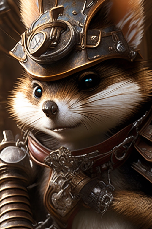 a close-up of the anthropomorphic chipmunk's face, with their steampunk gear and ornate sword visible in the background. The chipmunk adventurer's metallic armor shimmers in the light, and their fur is a mix of rustic browns and grays. The sense of adventure and excitement is palpable in the air.