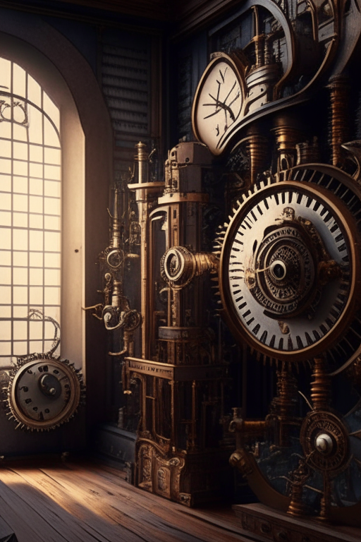 a detailed view of the intricate clockwork machines and antique scientific equipment lining the walls of the room. The sense of adventure and excitement is palpable in the air.