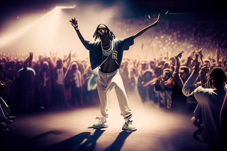 Snoop Dogg hip hop dancing in front of a hyped crowd
