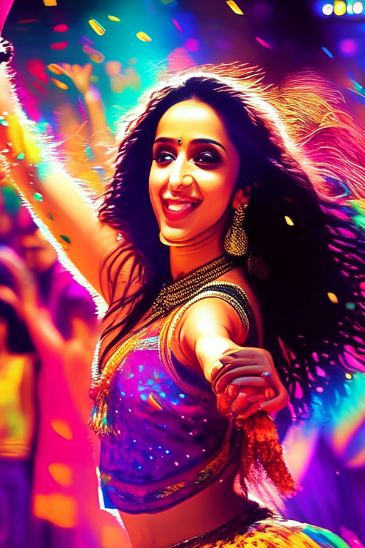 Shraddha Kapoor dancing in a vibrant Bollywood-style dance, surrounded by colorful lights and a lively crowd