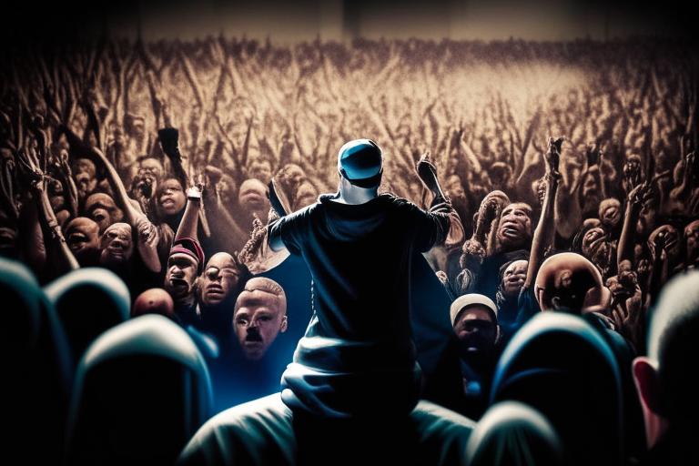 Eminem singing Mockingbird in concert, with a sea of fans cheering him on