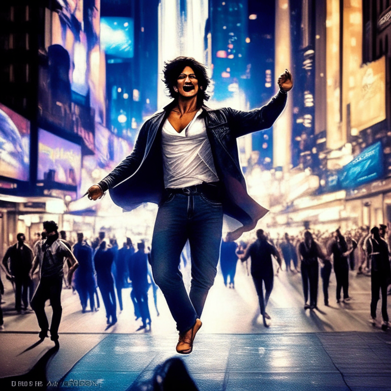 Shahrukh Khan dancing in the middle of a busy city street, surrounded by skyscrapers and bright lights