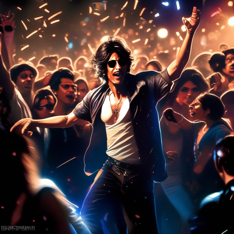 Shahrukh Khan dancing in a club, surrounded by flashing lights and a crowd of people