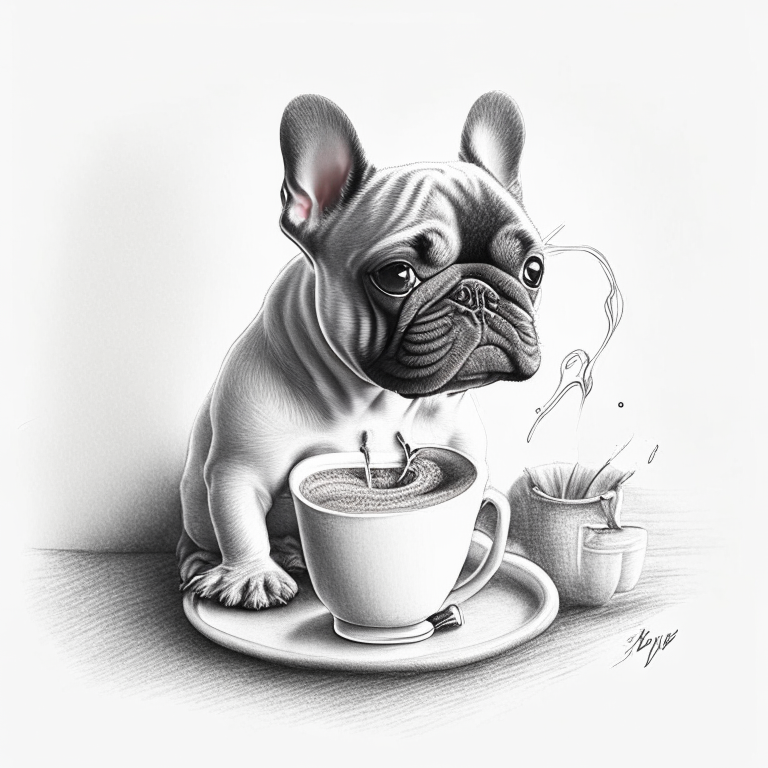 a French Bulldog puppy drinking a latte with heart-shaped art, drawn in pencil