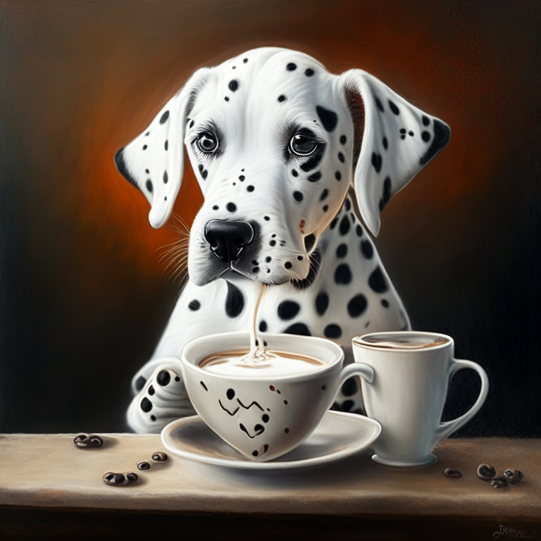 a Dalmatian puppy drinking a latte with heart-shaped art, painted in oil
