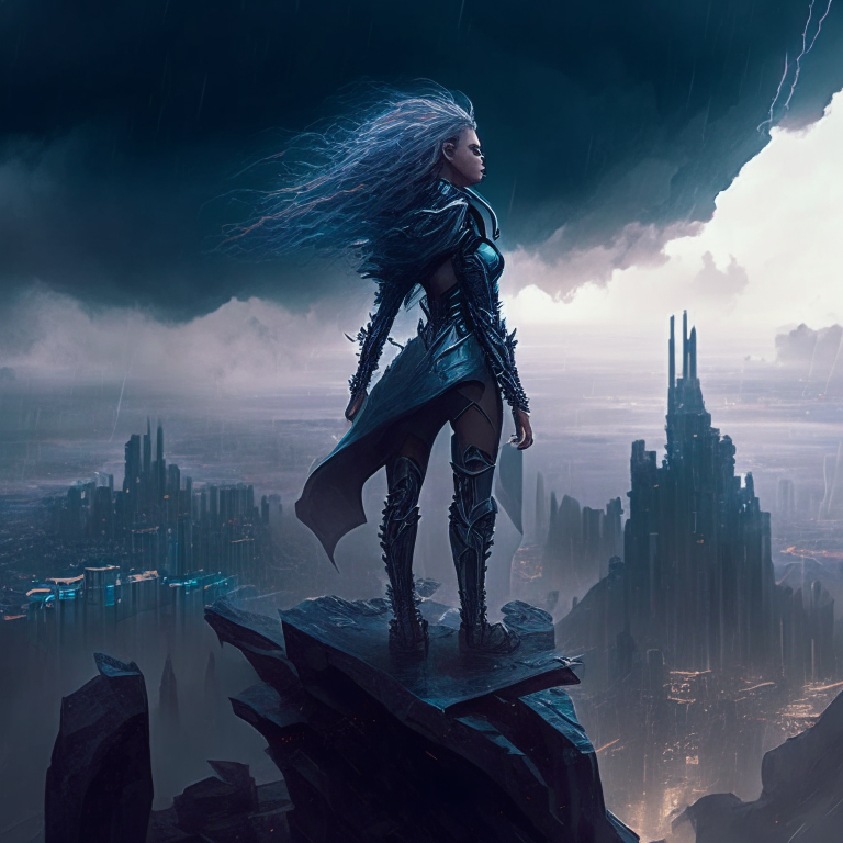 an Elohiym Goddess standing on a cliff overlooking a futuristic city, with a stormy sky and dark sci-fi elements, in the style of Playground AI's delicate detail