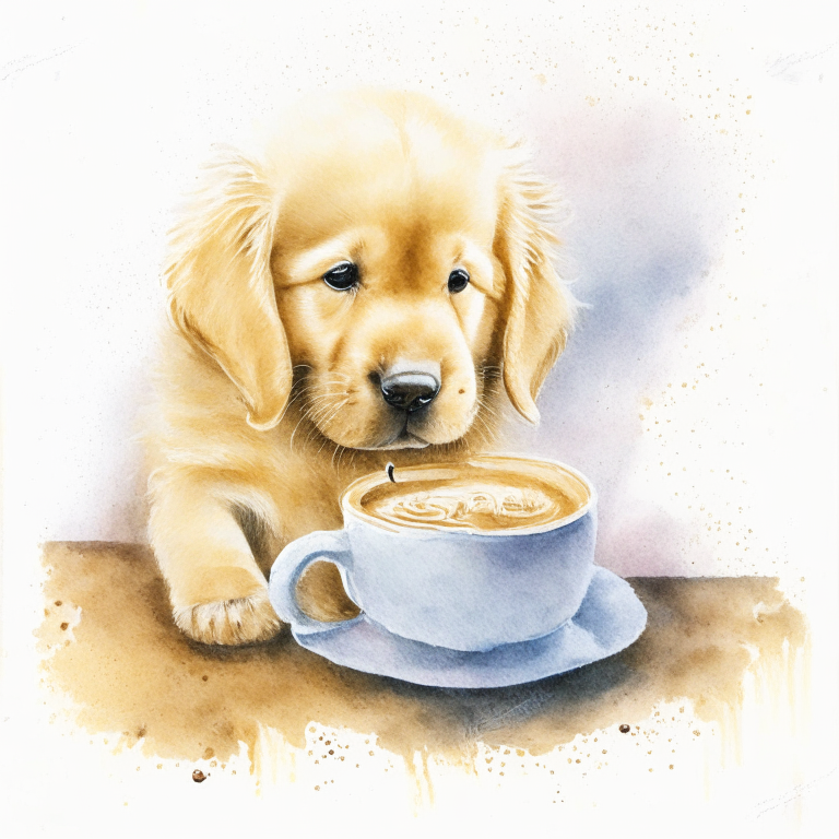 a watercolor painting of a Golden Retriever puppy drinking a latte with a heart-shaped foam art