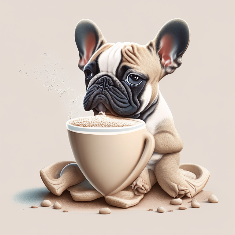 a digital illustration of a French Bulldog puppy drinking a latte with a heart-shaped foam art