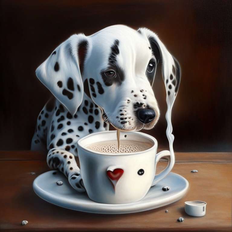 a realistic oil painting of a Dalmatian puppy drinking a latte with a heart-shaped foam art