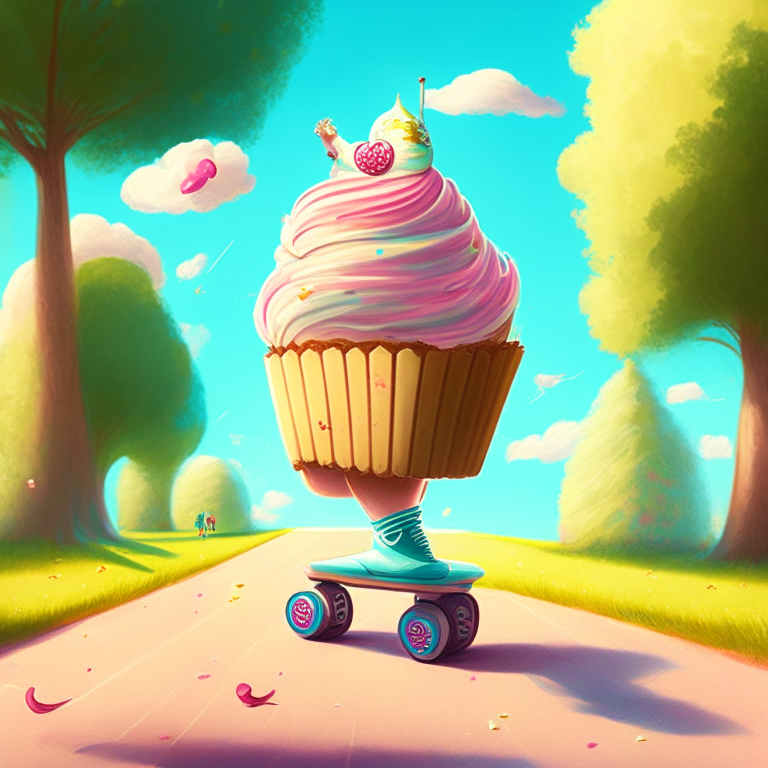 a cupcake riding rollerskates in a park on a sunny day