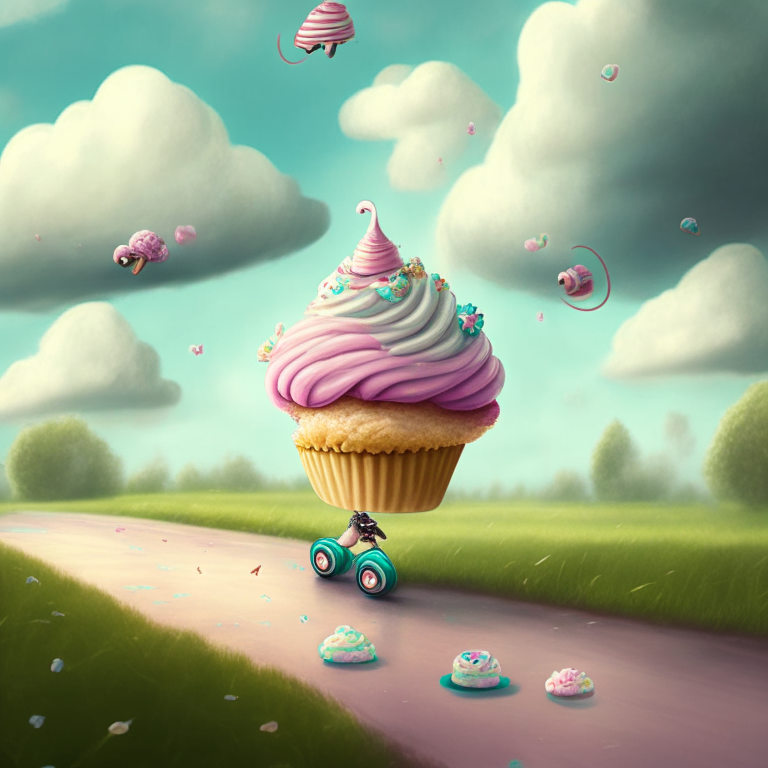 a cupcake riding rollerskates in a park on a cloudy day