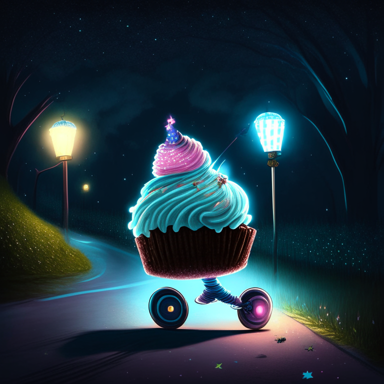 a cupcake riding rollerskates in a park at night