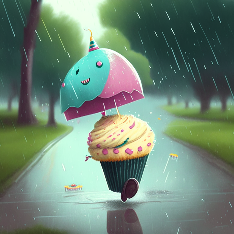 a cupcake riding rollerskates in a park in the rain