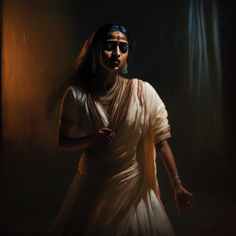 a young woman in a traditional Indian dress, dancing alone in a dimly lit room with tears streaming down her face