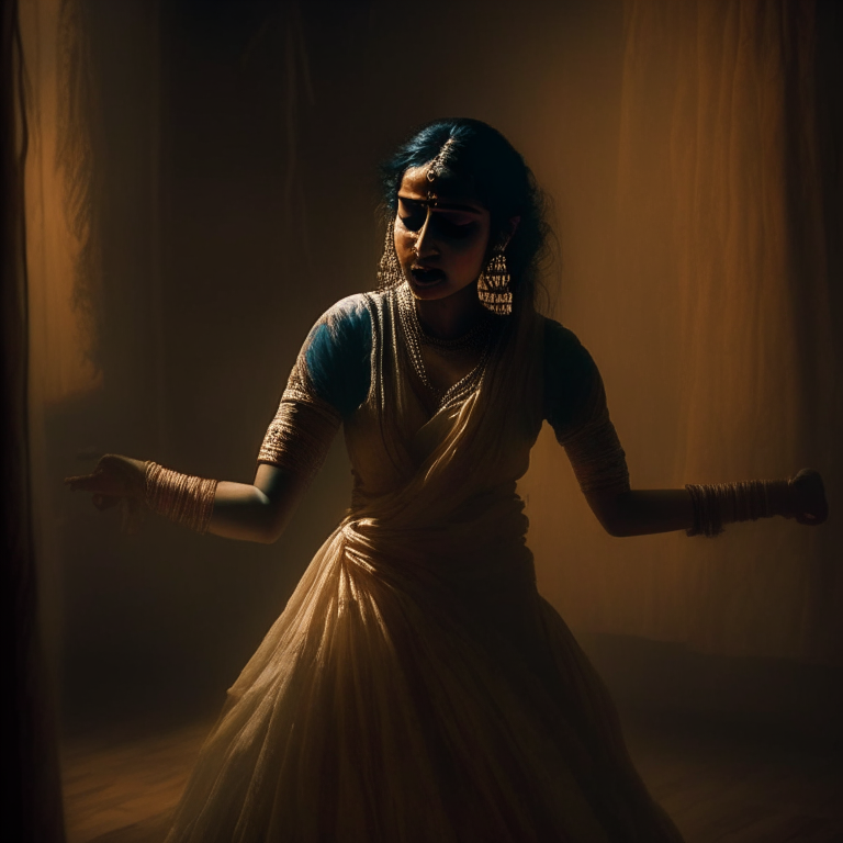 a young woman in a traditional Indian dress, dancing alone in a dimly lit room with tears streaming down her face