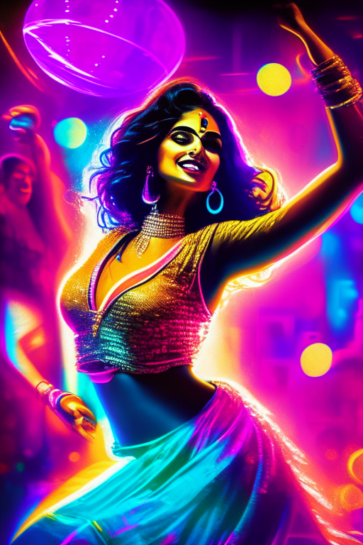 a Bollywood actress dancing in a bright, colorful, and vibrant environment with neon lights and a disco ball