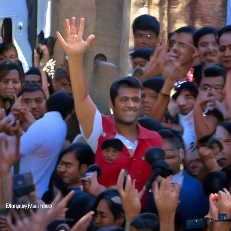 Salman Khan waving to a crowd of fans who are cheering and waving back