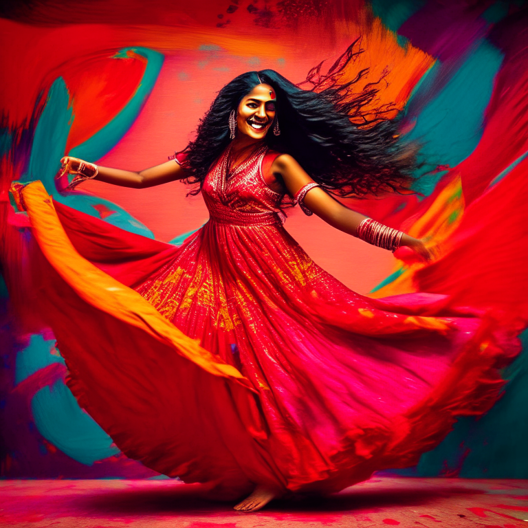 Ashwariya Rai dancing gracefully in a flowing red dress, surrounded by a vibrant and colorful background