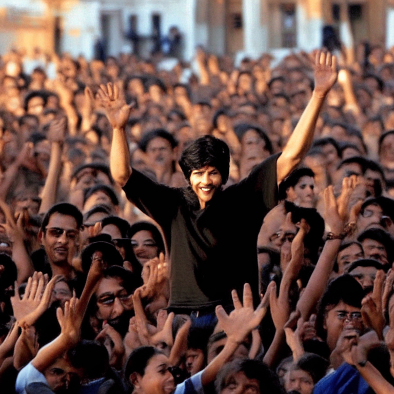 Shahrukh Khan waving at fans with a crowd cheering in the background