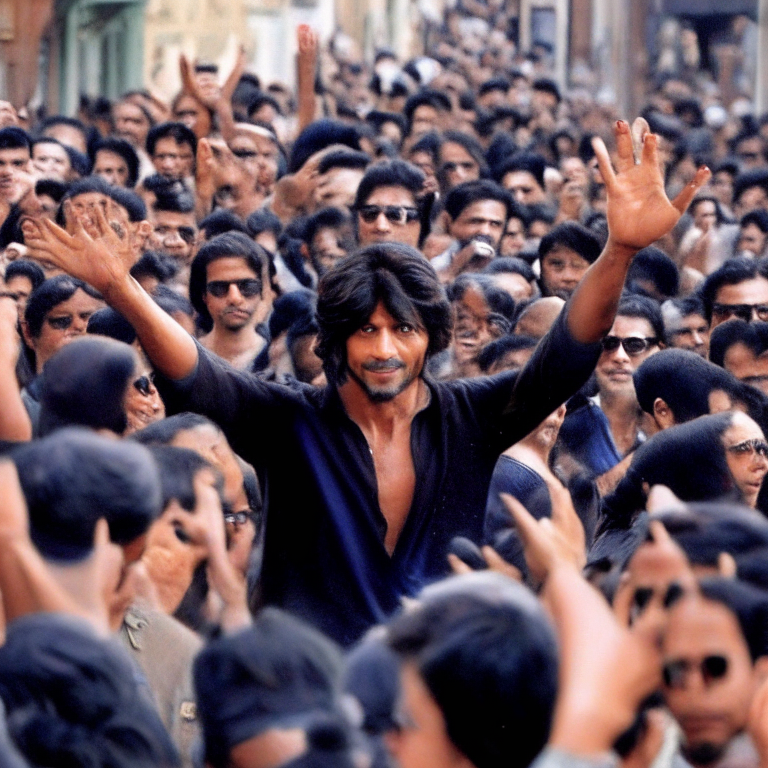 Shahrukh Khan waving to his fans in a crowded street