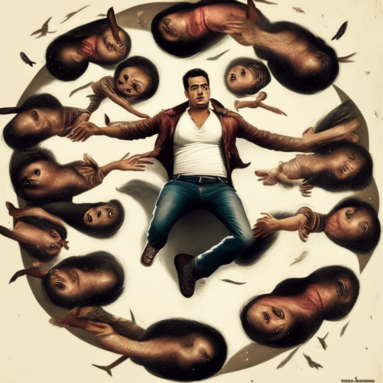 Salman Khan in a Daabang style, surrounded by four people flying around him