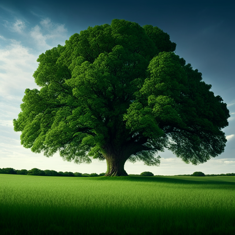 a tall and majestic oak tree in the middle of a vast green field
