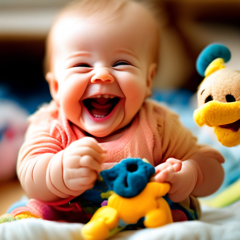 a baby giggling while playing with a toy
