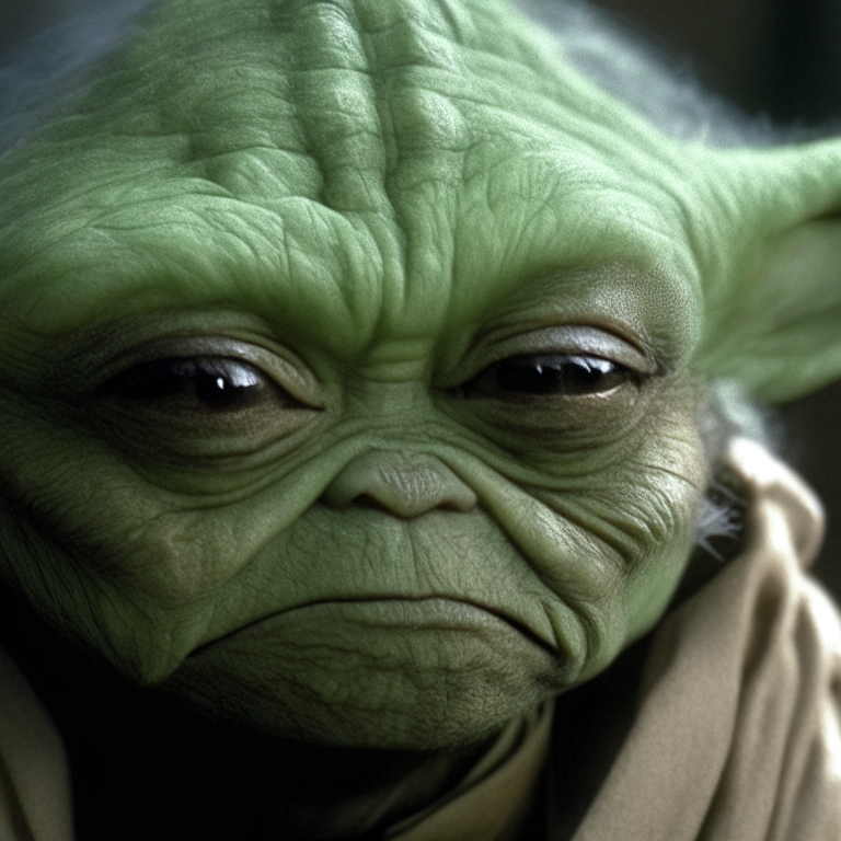 a close-up of Yoda's face, looking wise and contemplative
