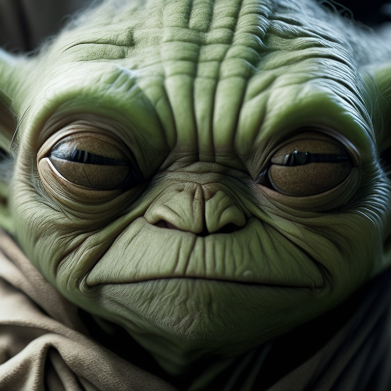 a close-up of Yoda's face, looking mischievous and playful
