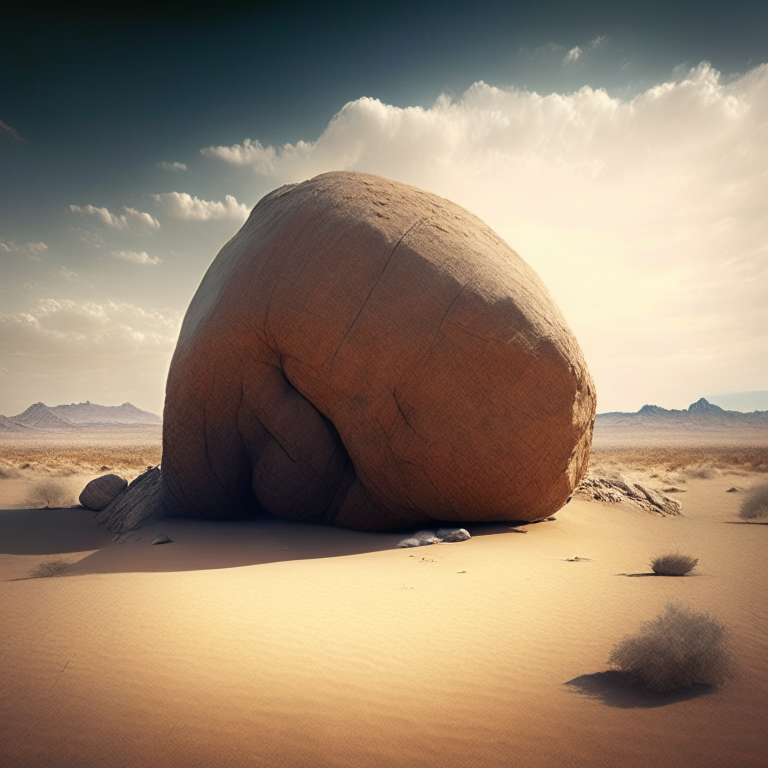 a massive boulder in the middle of a desert landscape