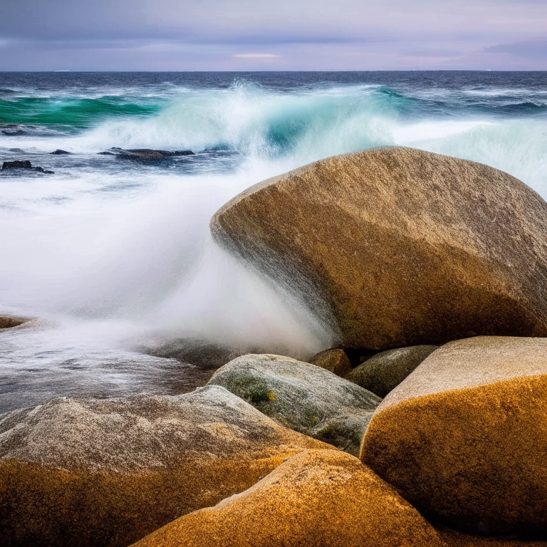 a small boulder on a rocky beach, with waves crashing in the background