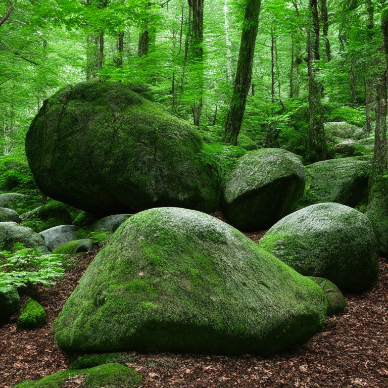 a group of boulders in a lush forest, surrounded by trees and foliage