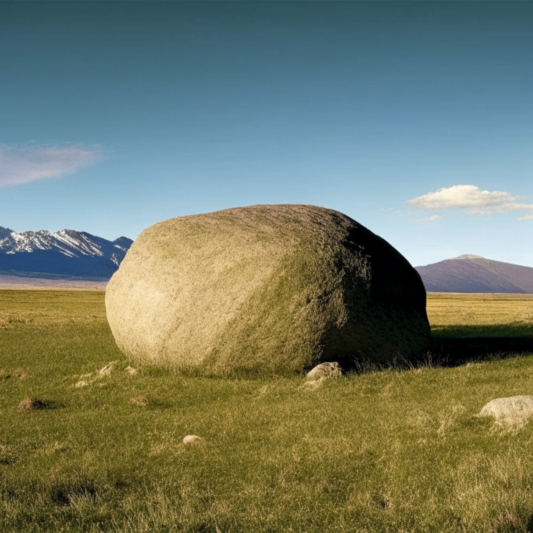 a medium-sized boulder in a grassy field, with mountains in the distance