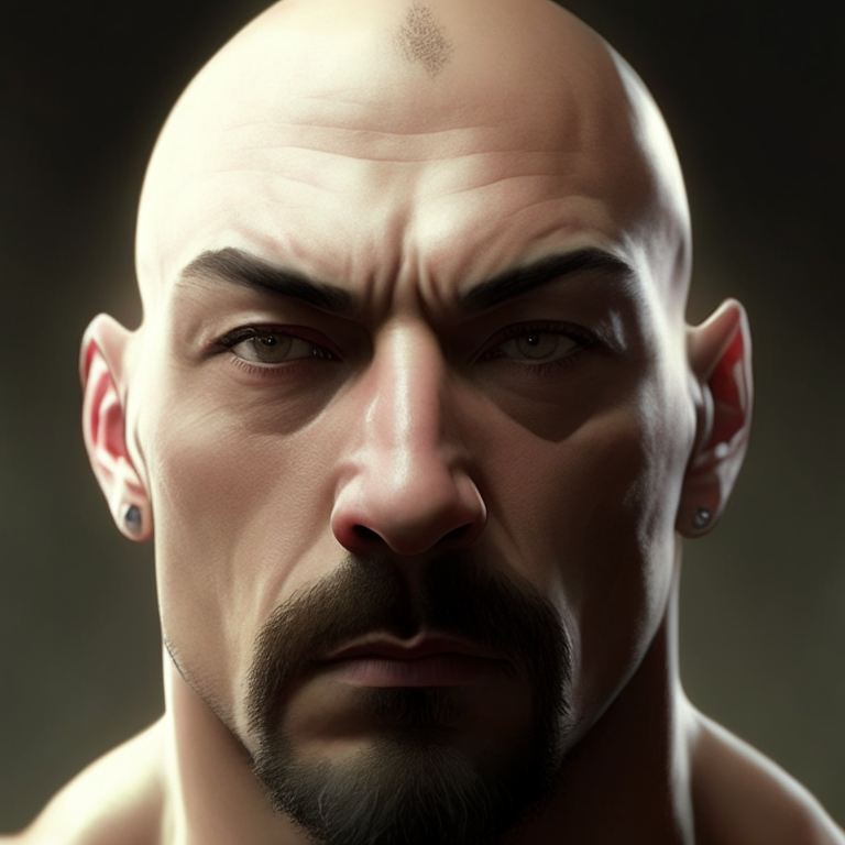 a close-up of a muscular man with a bald head and a goatee