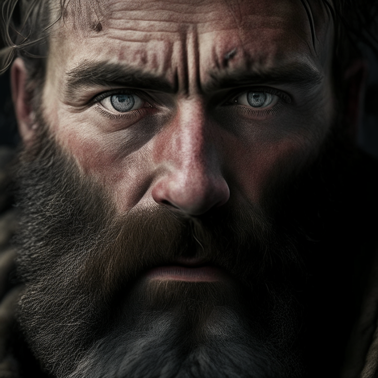 a close-up of a man with a rugged beard and a serious expression
