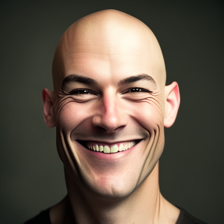 a headshot of a man with a shaved head and a confident smile